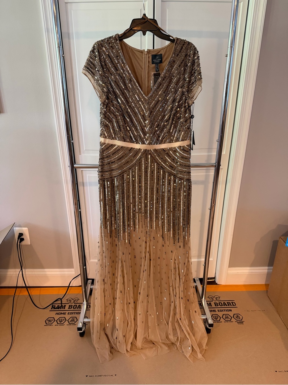 Adrianna Papell Taupe Beaded V-Neck Maxi Gown